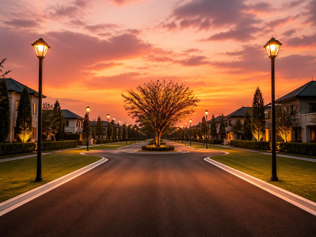 Serviced estate road at sunset